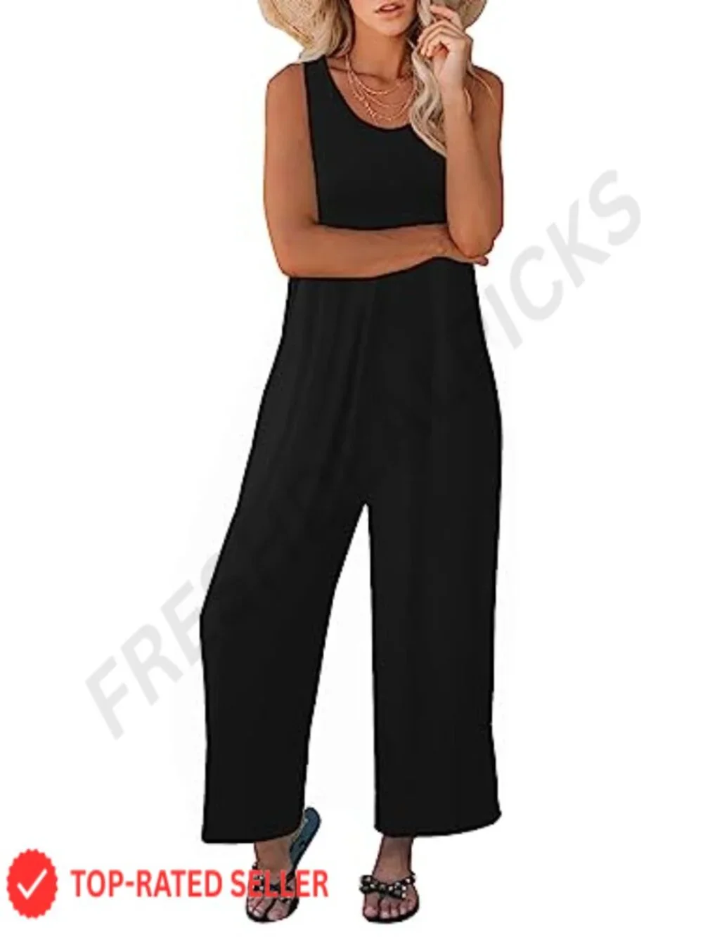 Women's Casual Loose Tank Jumpsuit Sleeveless Crewneck Wide Leg Romper with
